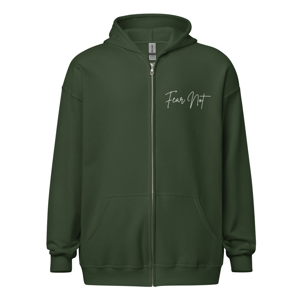 Women’s forest green full zip hoodie with the words “Fear Not” in cursive on the left chest.