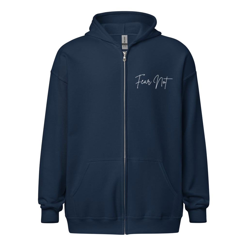 Women’s navy full zip hoodie with the words “Fear Not” in cursive on the left chest.