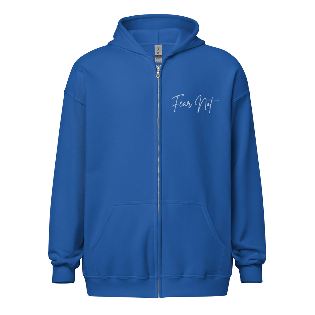 Women’s royal blue full zip hoodie with the words “Fear Not” in cursive on the left chest.