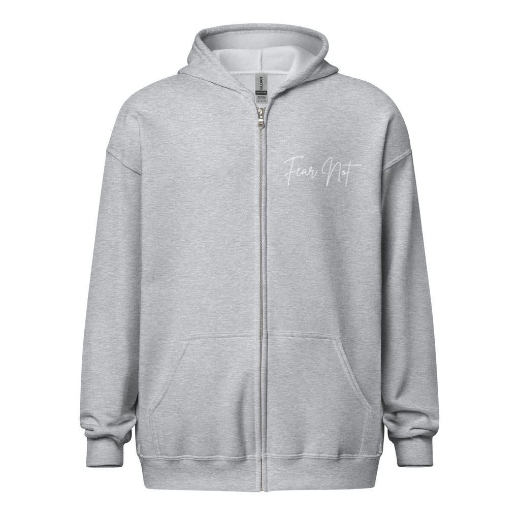 Women’s sport grey full zip hoodie with the words “Fear Not” in cursive on the left chest.