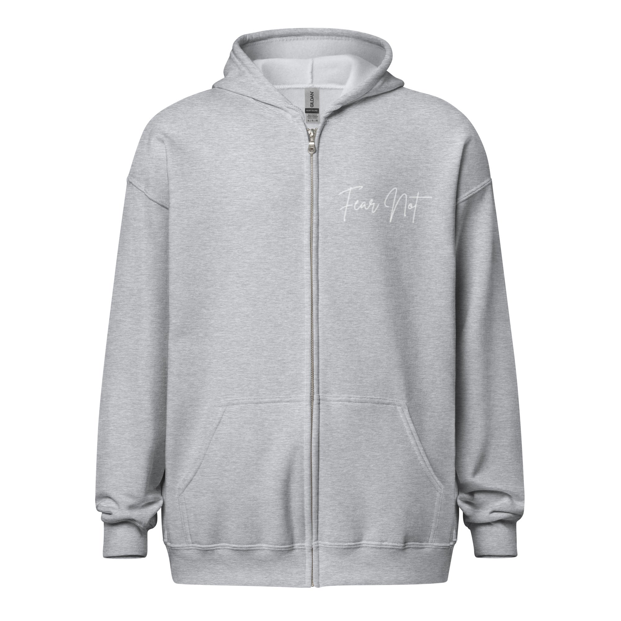 Women’s sport grey full zip hoodie with the words “Fear Not” in cursive on the left chest.